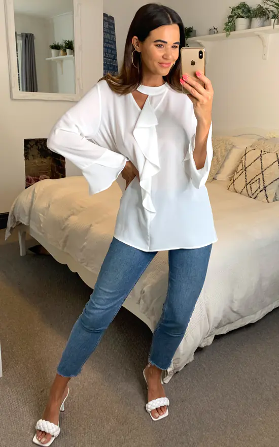 Deals 🎉 HOXTON GAL Oversized Crepe Top Ruffle Front Relaxed Fit Blouse In White 🎁
