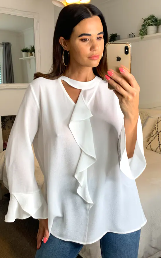 Deals 🎉 HOXTON GAL Oversized Crepe Top Ruffle Front Relaxed Fit Blouse In White 🎁 - Image 4