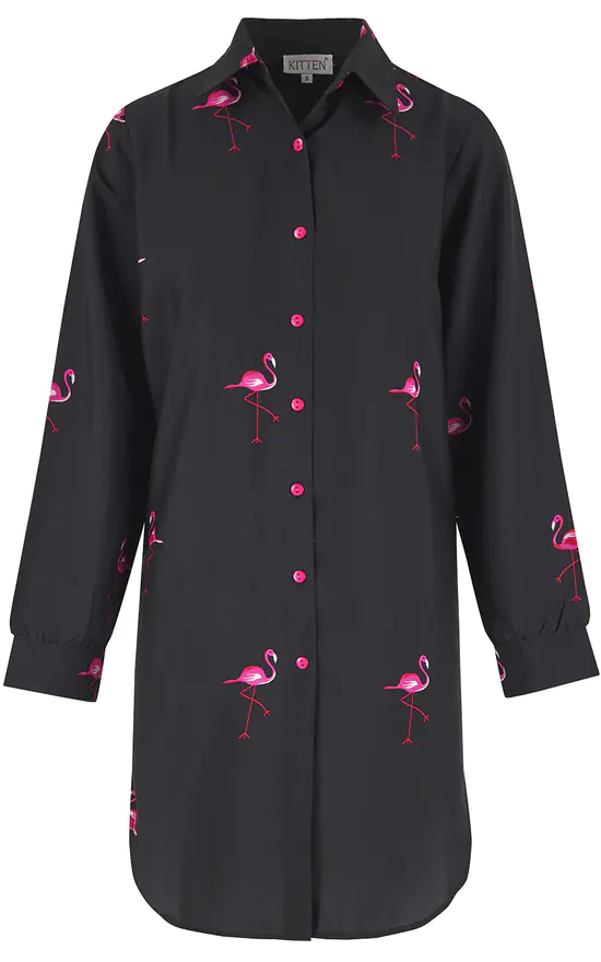 Top 10 ❤️ Kitten Beachwear Long Sleeve Oversized 👕 Shirt In Black Flamingo 🌟