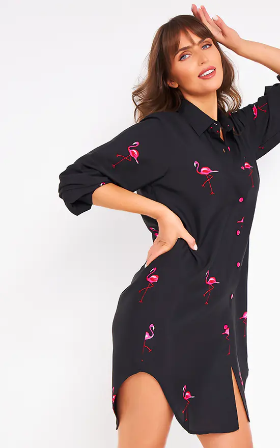 Top 10 ❤️ Kitten Beachwear Long Sleeve Oversized 👕 Shirt In Black Flamingo 🌟 - Image 2