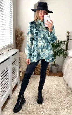 Best Sale 🧨 Gini London Tie Dye High Bow Neck Oversized 👚 Shirt In Green ❤️
