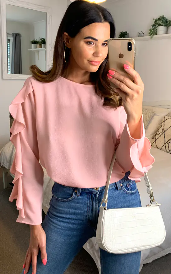 Promo ๐งจ HOXTON GAL Oversized Crepe Ruffle Sleeves Relaxed Fit Top In Pink โค๏ธ - Image 2