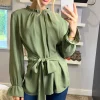 Best deal 🤩 HOXTON GAL Tie Front Long Sleeve Oversized Crepe Top In Green ⭐