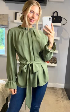 Best deal 🤩 HOXTON GAL Tie Front Long Sleeve Oversized Crepe Top In Green ⭐