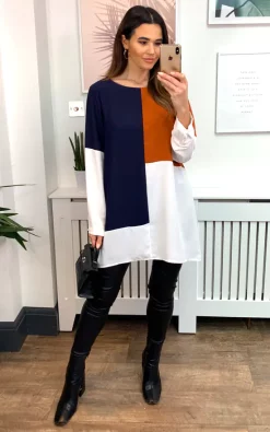 Best deal 🎉 HOXTON GAL Oversized Crepe Colour Block Tunic In Brown, Navy And White ⌛
