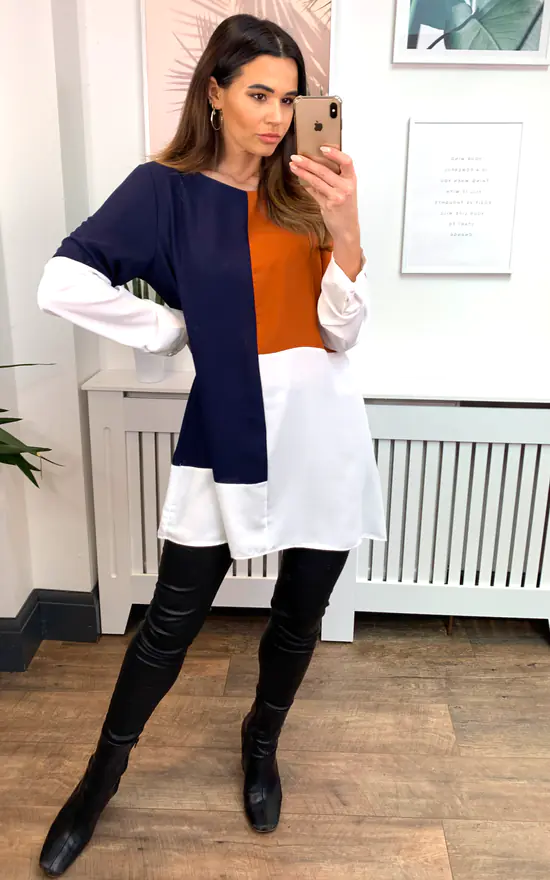 Best deal ๐ HOXTON GAL Oversized Crepe Colour Block Tunic In Brown, Navy And White โ - Image 2
