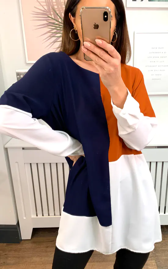 Best deal ๐ HOXTON GAL Oversized Crepe Colour Block Tunic In Brown, Navy And White โ - Image 4