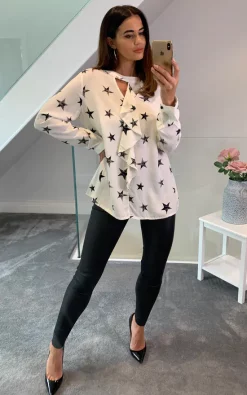 Best Sale 🔥 HOXTON GAL Oversized Star Print Satin Top With Frilled Front In White 🧨