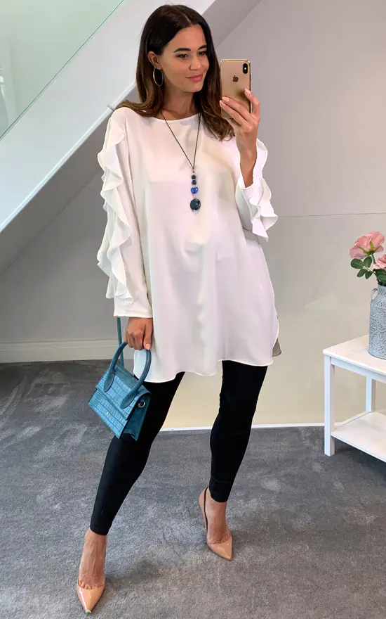 Outlet ✨ HOXTON GAL Oversized Crew Neck Ruffle Sleeves Relaxed Fit Tunic In White ❤️