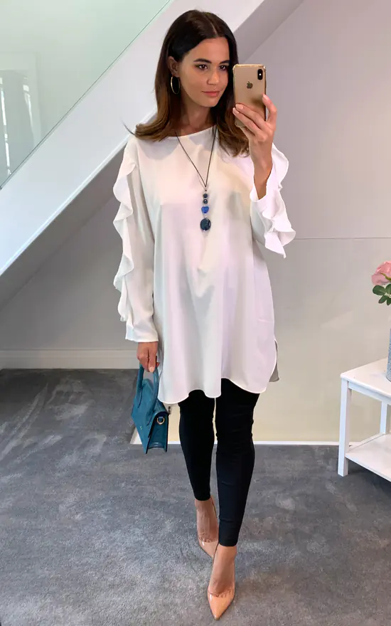 Outlet ✨ HOXTON GAL Oversized Crew Neck Ruffle Sleeves Relaxed Fit Tunic In White ❤️ - Image 2