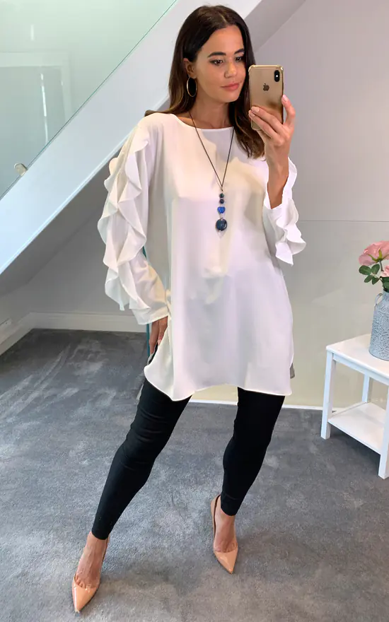 Outlet ✨ HOXTON GAL Oversized Crew Neck Ruffle Sleeves Relaxed Fit Tunic In White ❤️ - Image 3