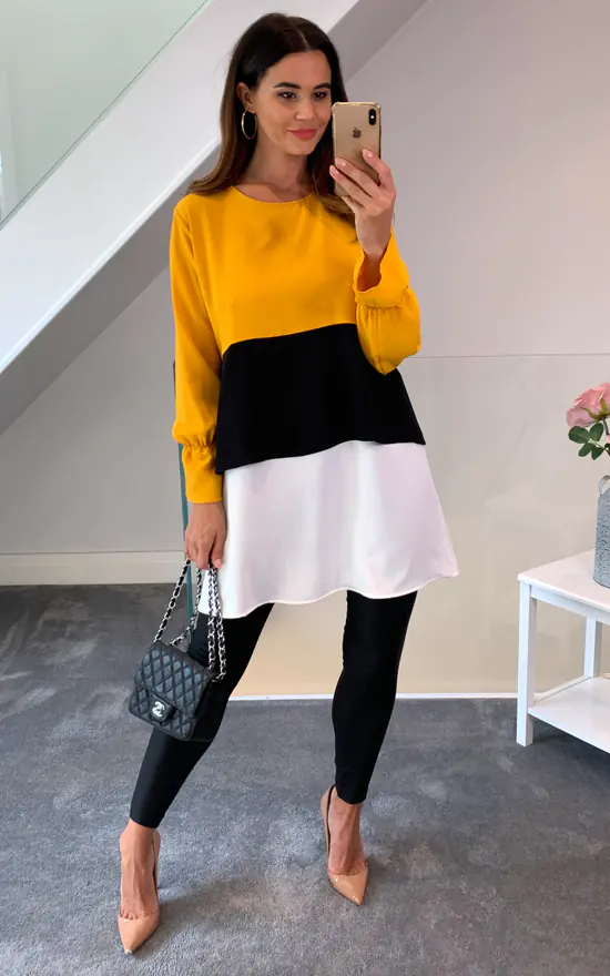Cheap ๐ HOXTON GAL Oversized Crepe Colour Block Tunic In Mustard, Black And White โ๏ธ