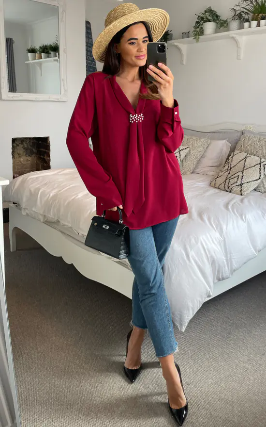Deals ๐ HOXTON GAL Oversized Long Sleeve Top With Frilled Front In Burgundy ๐