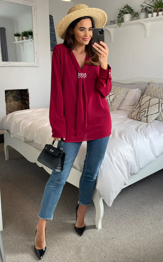 Deals ๐ HOXTON GAL Oversized Long Sleeve Top With Frilled Front In Burgundy ๐ - Image 2