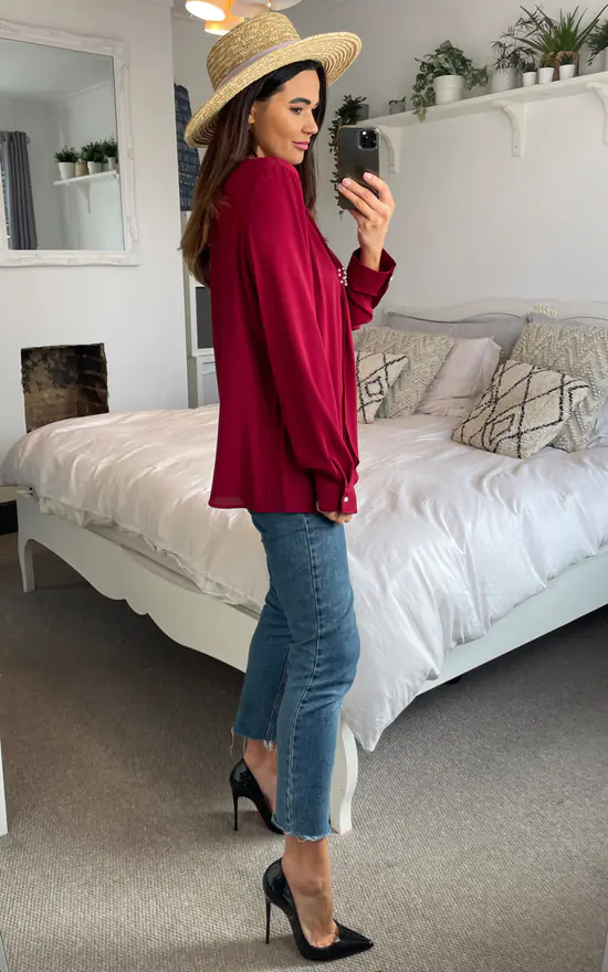 Deals ๐ HOXTON GAL Oversized Long Sleeve Top With Frilled Front In Burgundy ๐ - Image 3