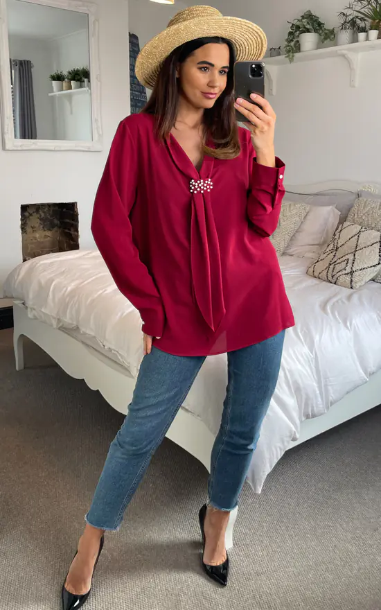 Deals ๐ HOXTON GAL Oversized Long Sleeve Top With Frilled Front In Burgundy ๐ - Image 4