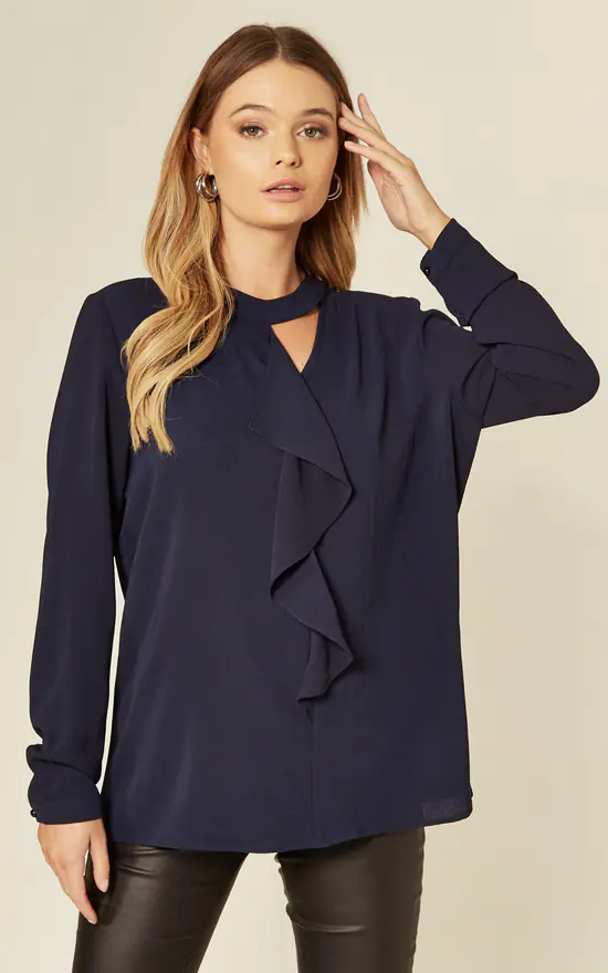 Best deal ๐ฅ HOXTON GAL Ruffle Front Relaxed Fit Crepe Blouse In Navy ๐