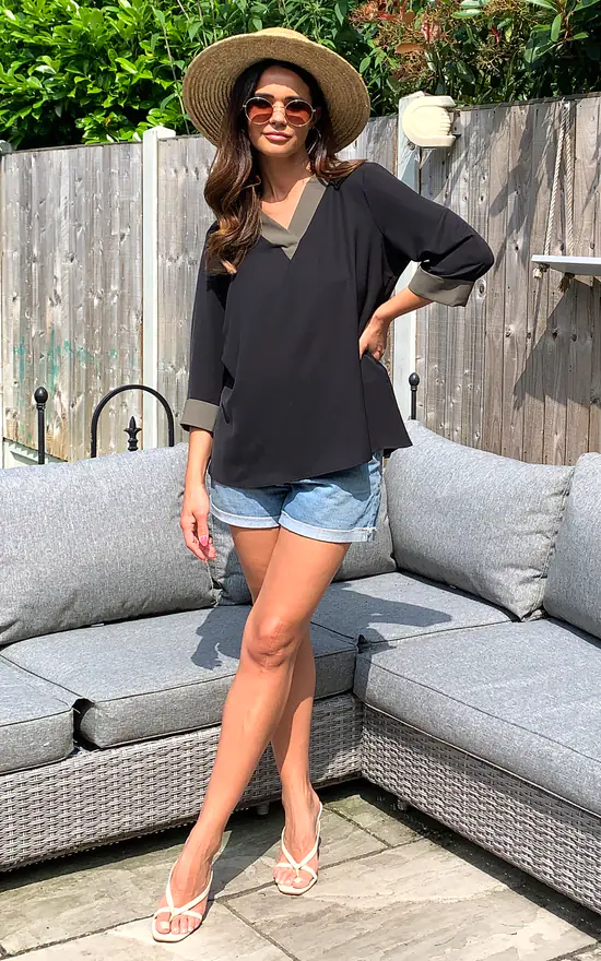 Best reviews of ๐ฅฐ HOXTON GAL Oversized Top With Khaki Tape Collared Details In Black ๐ - Image 2