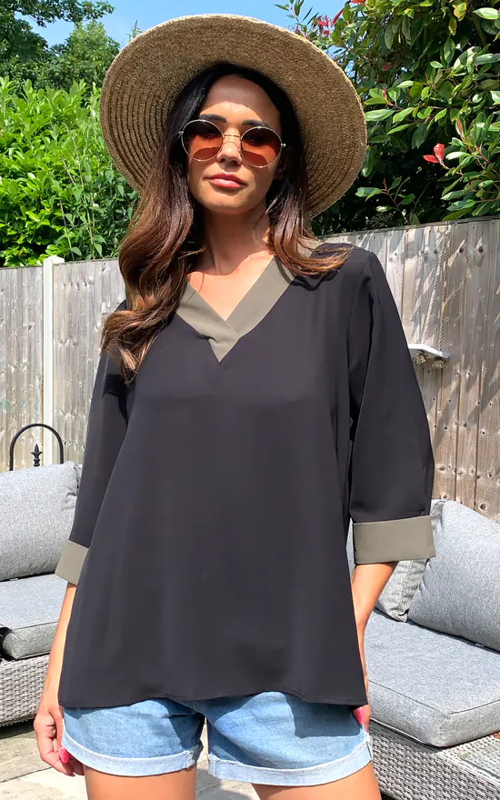 Best reviews of ๐ฅฐ HOXTON GAL Oversized Top With Khaki Tape Collared Details In Black ๐ - Image 4