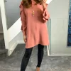 Best Sale ❤️ HOXTON GAL Oversized Crew Neck Ruffle Sleeves Relaxed Fit Tunic In Dark Pink 🛒