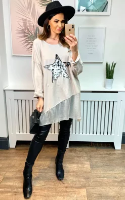 Top 10 ✔️ HOXTON GAL Oversized Star Print Sequin Top In Beige 💯