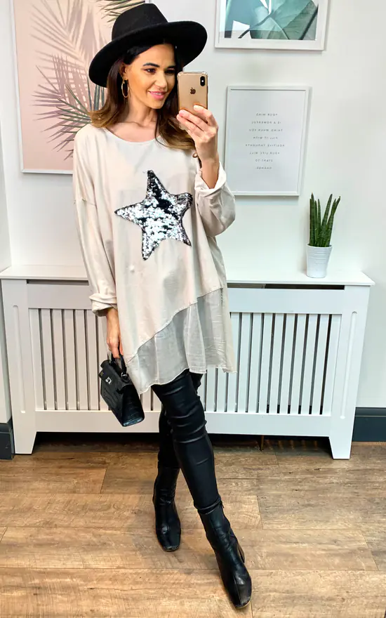 Top 10 โ๏ธ HOXTON GAL Oversized Star Print Sequin Top In Beige ๐ฏ - Image 2