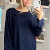 Outlet 🥰 HOXTON GAL Collar Detail Long Sleeve Oversized Top In Navy 🎁