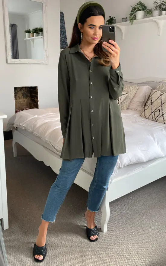 Cheap 🎉 HOXTON GAL Oversized Long Sleeves Pleated 👚 Shirt In Khaki 👏