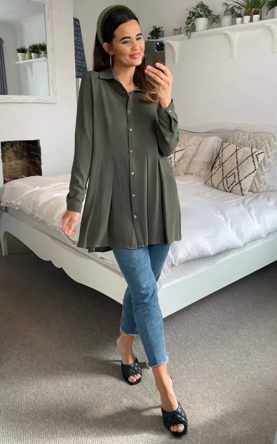 Cheap 🎉 HOXTON GAL Oversized Long Sleeves Pleated 👚 Shirt In Khaki 👏 - Image 3