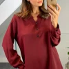 Cheapest ⭐ HOXTON GAL Oversized Long Sleeves V Neck Top With Button Details In Burgundy 👍