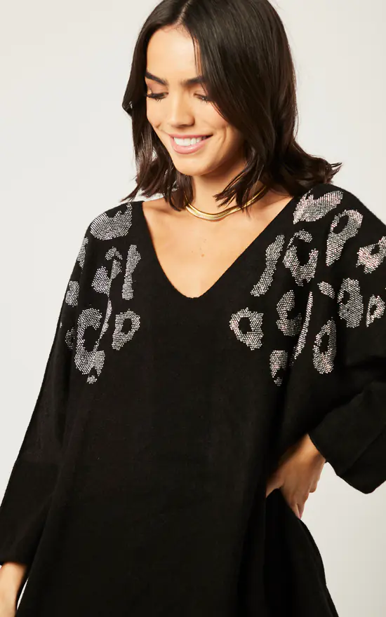 Budget ๐คฉ Blue Vanilla V Neck Knit Top With Leopard Detail Black ๐ฏ