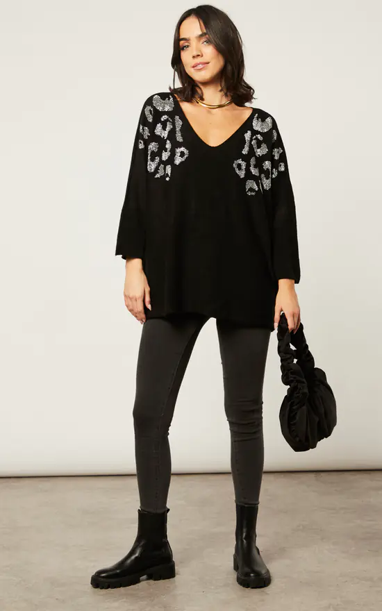 Budget ๐คฉ Blue Vanilla V Neck Knit Top With Leopard Detail Black ๐ฏ - Image 2