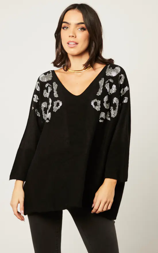 Budget ๐คฉ Blue Vanilla V Neck Knit Top With Leopard Detail Black ๐ฏ - Image 3