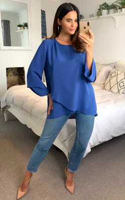 Best deal 🥰 HOXTON GAL Long Sleeve Oversized Crepe Blouse In Blue With Necklace 🎉