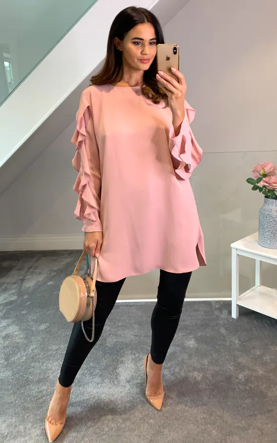 Discount ✔️ HOXTON GAL Oversized Crew Neck Ruffle Sleeves Relaxed Fit Tunic In Pink 🌟