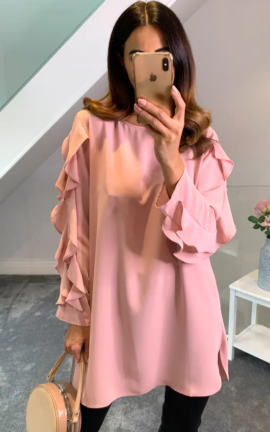 Discount ✔️ HOXTON GAL Oversized Crew Neck Ruffle Sleeves Relaxed Fit Tunic In Pink 🌟 - Image 3