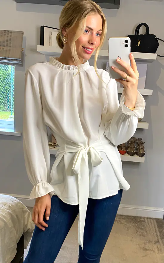 Hot Sale 🥰 HOXTON GAL Relaxed Tie Front Long Sleeve Oversized Crepe Top In White 🎁