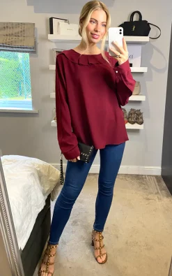 Best reviews of ✔️ HOXTON GAL Collar Detail Long Sleeve Oversized Top In Burgundy 😉