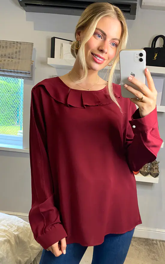 Best reviews of โ๏ธ HOXTON GAL Collar Detail Long Sleeve Oversized Top In Burgundy ๐ - Image 2