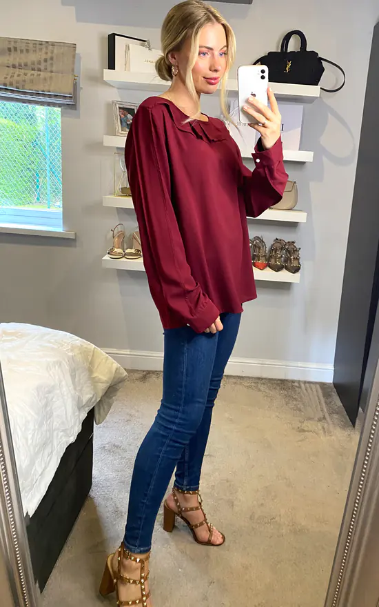 Best reviews of โ๏ธ HOXTON GAL Collar Detail Long Sleeve Oversized Top In Burgundy ๐ - Image 3