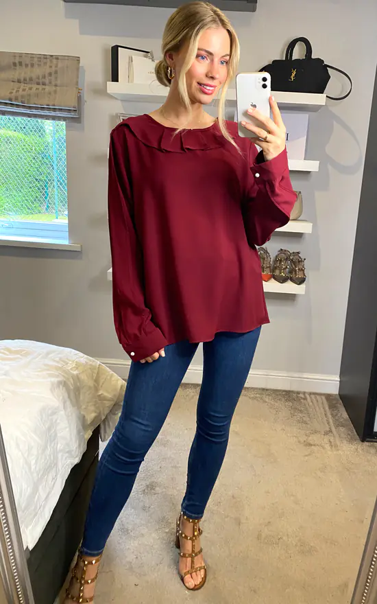 Best reviews of โ๏ธ HOXTON GAL Collar Detail Long Sleeve Oversized Top In Burgundy ๐ - Image 4