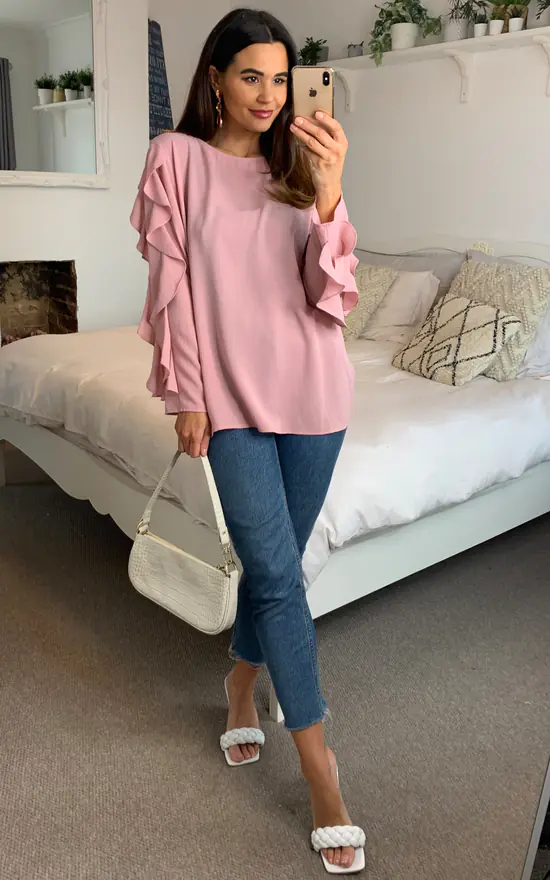 New ๐งจ HOXTON GAL Oversized Crepe Ruffle Sleeve Relaxed Fit Top In Pink โ - Image 3