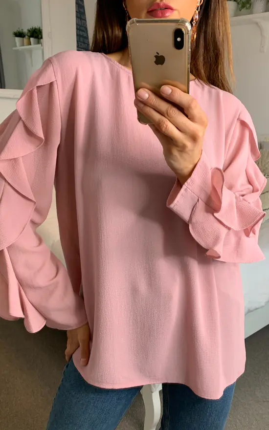 New ๐งจ HOXTON GAL Oversized Crepe Ruffle Sleeve Relaxed Fit Top In Pink โ - Image 4