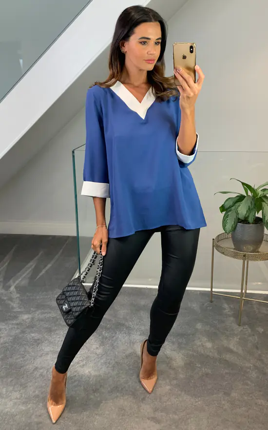 Flash Sale โ๏ธ HOXTON GAL 3/4 Sleeves Oversized Crepe V Neck Top In Blue And White ๐ - Image 2