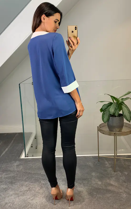 Flash Sale โ๏ธ HOXTON GAL 3/4 Sleeves Oversized Crepe V Neck Top In Blue And White ๐ - Image 4