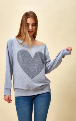 Best reviews of 🎁 HOXTON GAL Oversized Heart Printed Sweatshirt With Boat Neckline In Grey 😍