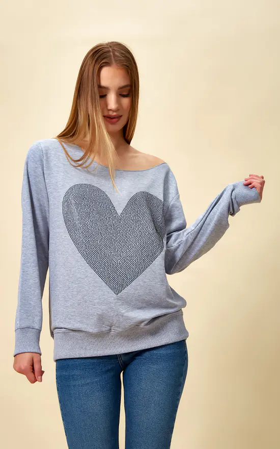 Best reviews of ๐ HOXTON GAL Oversized Heart Printed Sweatshirt With Boat Neckline In Grey ๐