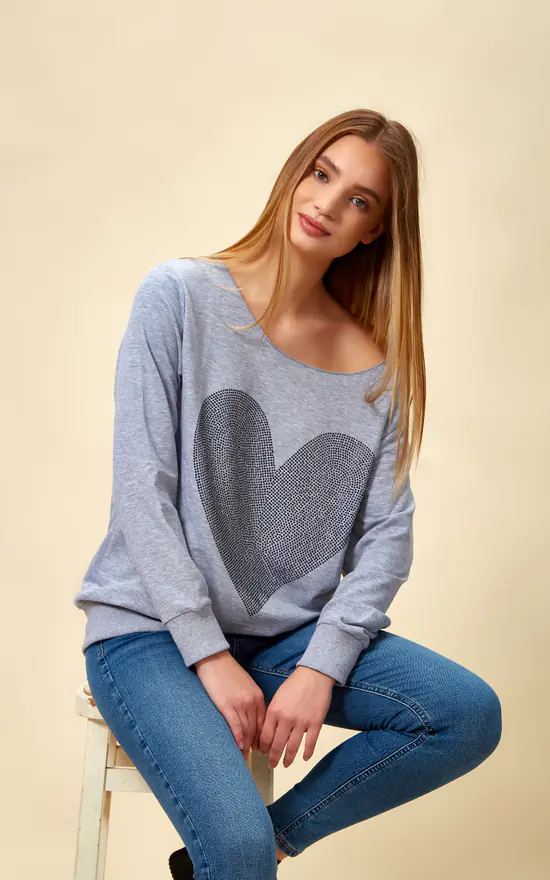 Best reviews of ๐ HOXTON GAL Oversized Heart Printed Sweatshirt With Boat Neckline In Grey ๐ - Image 2