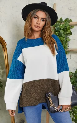 Cheapest ✨ FS Collection Oversized Brown & White Block Colour Top In Blue 🛒