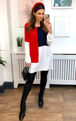 Wholesale 🛒 HOXTON GAL Oversized Crepe Colour Block Tunic In Navy, Red And White 🧨